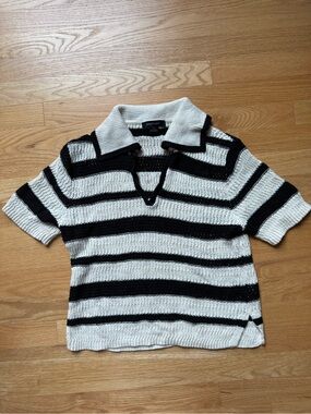 Sanctuary Black and White Striped Knit Polo Sweater